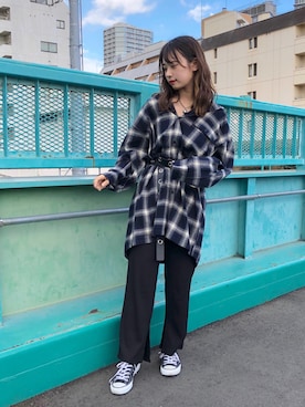 「ネルシャツ」｜もいちゃん（飯田桃妃）さん（レディース・158cm・10代）の秋コーディネート
