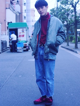 「UNIQLO（ユニクロ）のMEN ソフトタッチハイネックT（長袖・大きいサイズ）（Tシャツ/カットソー）」を使った、Hyugaji  Chihiroさん（メンズ・165cm）の冬コーディネート