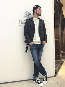 「NANO universe（ナノユニバース）のアイテム（ライダースジャケット）」を使った、nanouniverse難波STAFFさん（メンズ・180cm）の秋コーディネート