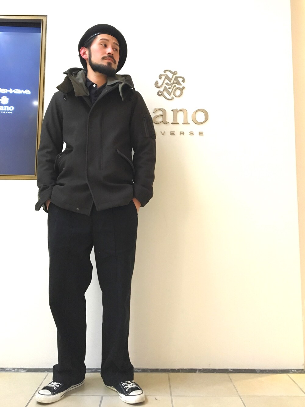 「ナノユニバース、nano・universe、メルトン、モッズコート、秋冬、サーモライト、定番、ファッション、なんばパークス、大阪」｜「NANO universeのMELTONショートモッズコート（モッズコート、グリーン系）」を使った、nanouniverse難波STAFFさん（メンズ・170cm）の秋コーディネートの1枚目の写真