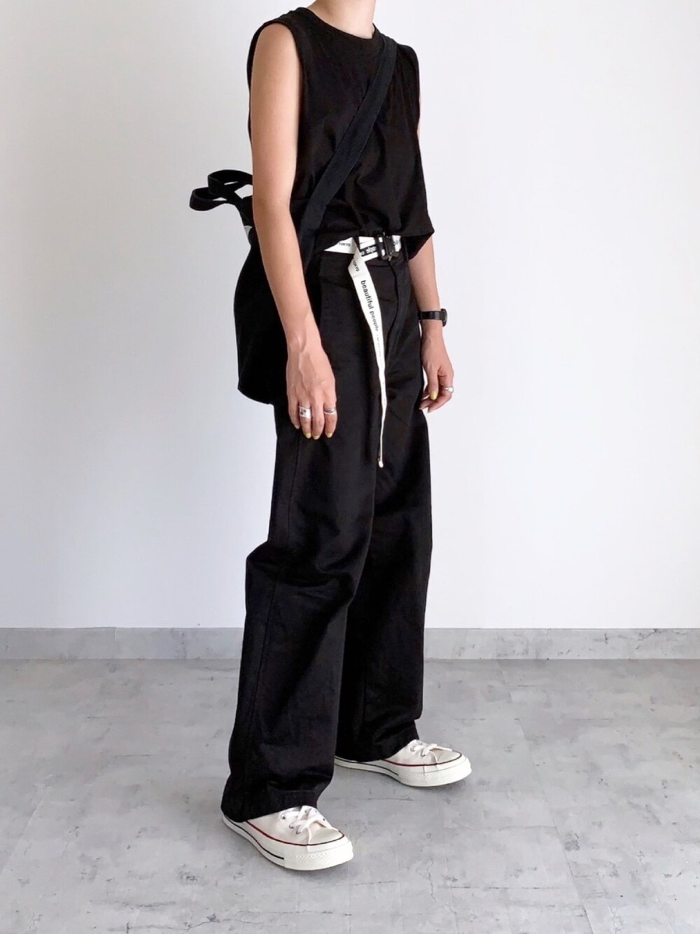 「シンプル、カジュアル、プチプラ、ラフ、ブラックコーデ」｜「CANAL JEANのアイテム（バッグ、ブラック系）」を使った、MIHOさん（レディース・163cm）の夏コーディネートの1枚目の写真