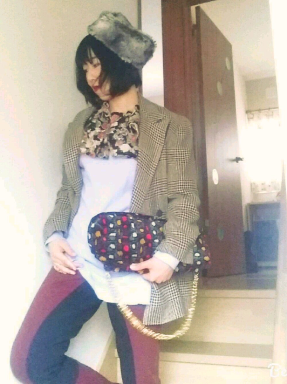 「冬、カジュアル、チェック、ラルフローレン、mother、DEPT、vintage、古着、花柄」｜「VINTAGEのアイテム（Tシャツ/カットソー、パープル系）」を使った、みぃさん（レディース・155cm）の冬コーディネートの1枚目の写真