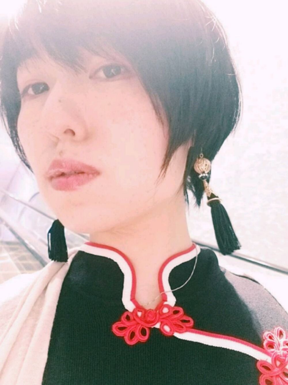 「チャイナ、mother、VTOPIA、黒髪、ショートボブ」｜「VTOPIAのTassel earrings(P)（ピアス（両耳用）、ブラック系）」を使った、みぃさん（レディース・155cm）の夏コーディネートの1枚目の写真