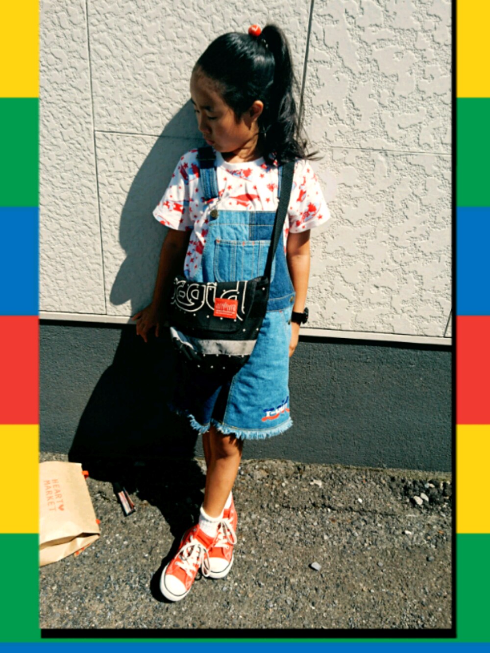 「夏、欲しかったもの、ジャンスカ、デニム、むすめコーデ」｜「X-girl StagesのS/S TEE SK8(4T～7T)（Tシャツ/カットソー、ブルー系）」を使った、haruさん（レディース・157cm）の夏コーディネートの1枚目の写真