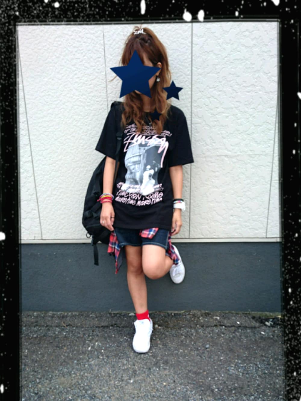 「カジュアルコーデ、夏休み、旅行、衝動買い、Tシャツ、腰巻きスタイル」｜「STUSSYのTribe Of Stussy（Tシャツ/カットソー、ブラック系）」を使った、haruさん（レディース・157cm）の夏コーディネートの1枚目の写真