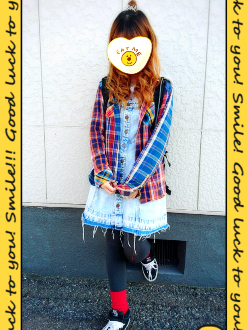 「デニム、カジュアル、おだんごヘアー、寒い、チェックシャツ、パーカー、タイツ×靴下、お久しぶりです」｜「X-girlのSWEAT-HOODED SHIRT（シャツ/ブラウス、その他）」を使った、haruさん（レディース・157cm）の冬コーディネートの1枚目の写真