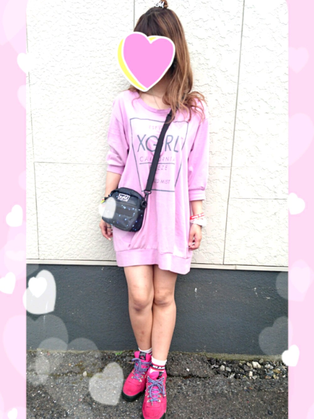「春コーデ、ピンク、エックスガール、久しぶりに着た服、ダイエット、太った」｜「X-girlのアイテム（チュニック、ピンク系）」を使った、haruさん（レディース・157cm）の春コーディネートの1枚目の写真