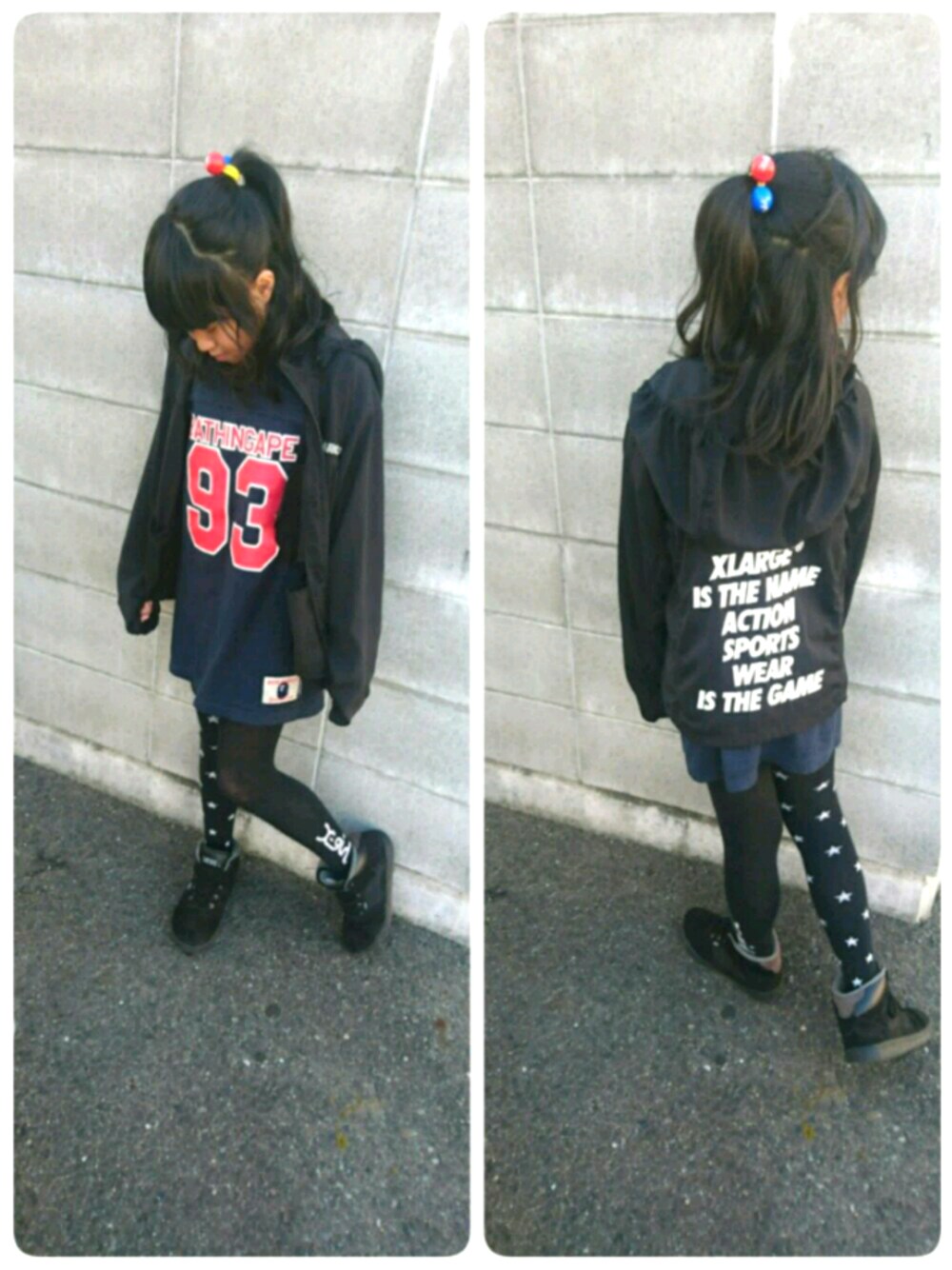 「娘コーデ、エイプ、キッズコーデ、エクストララージキッズ、春コーデ」｜「XLARGE KIDSの切替バックロゴブルゾン（ブルゾン、ブラック系）」を使った、haruさん（レディース・157cm）の冬コーディネートの1枚目の写真