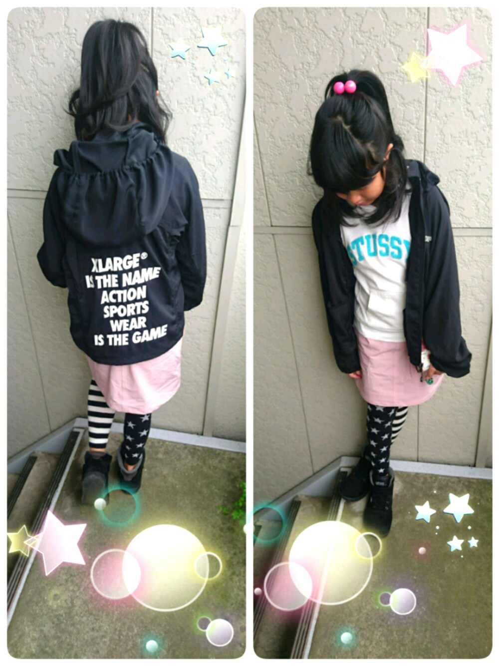 「春色、誕生日、キッズコーデ、パステルカラー、スカート、サイズアウト」｜「XLARGE KIDSの切替バックロゴブルゾン（ブルゾン、ブラック系）」を使った、haruさん（レディース・157cm）の春コーディネートの1枚目の写真