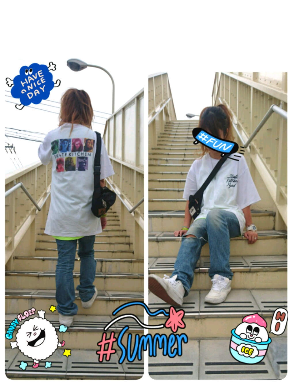 「夏だ！Tシャツ着よう！、カジュアルコーデ、パンツスタイル、ビックT、ダボT、プリントT」｜「X-girlのX-girl x SKATE KITCHEN GIRLS S/S MENS TEE（Tシャツ/カットソー、ホワイト系）」を使った、haruさん（レディース・157cm）の夏コーディネートの1枚目の写真