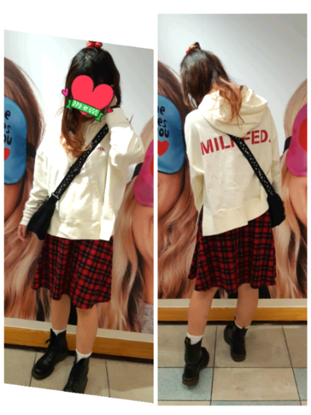 「秋、秋コーデ、チェクスカート、ブーツ、チェック、カジュアル」｜「MILKFED.のSTENCIL WIDE BODY SWEAT HOODIE（パーカー、レッド系）」を使った、haruさん（レディース・157cm）の秋コーディネートの1枚目の写真