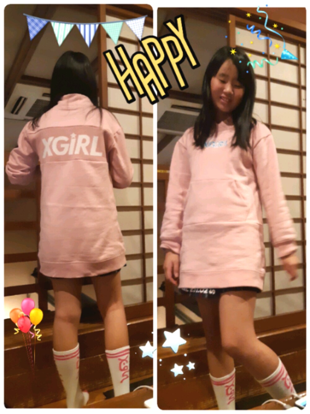 「カジュアルコーデ、キッズコーデ、むすめコーデ、誕生日、ワンピース、わんちゃん、チュニック」｜「X-girl Stagesの裏毛ハイネック長袖ワンピース（ワンピース、ピンク系）」を使った、haruさん（レディース・157cm）の春コーディネートの1枚目の写真