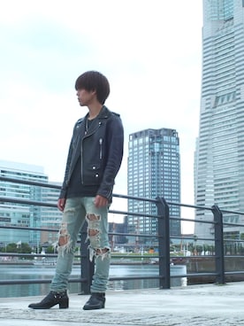 「SAINT LAURENT PARIS（サンローランパリ）のアイテム（ライダースジャケット）」を使った、みずごろーさん（メンズ・168cm）の春コーディネート