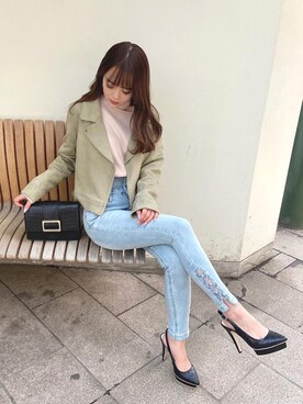 「LIPSERVICE（リップサービス）のアイテム（ライダースジャケット）」を使った、arisaさん（レディース・155cm）の冬コーディネート