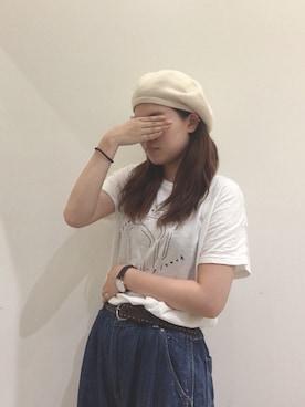 「Tシャツ×デニム」｜「アイテム（ハンチング/ベレー帽）」を使った、なかさんさん（レディース・156cm）の夏コーディネート
