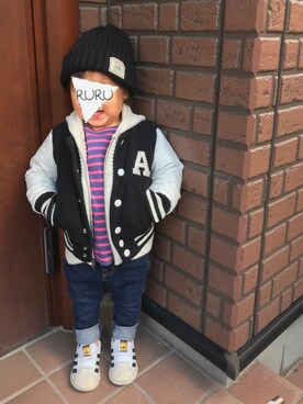 「petit main（プティマイン）のアイテム（スタジャン）」を使った、RuRu..☺︎さん（キッズ・80cm）の冬コーディネート