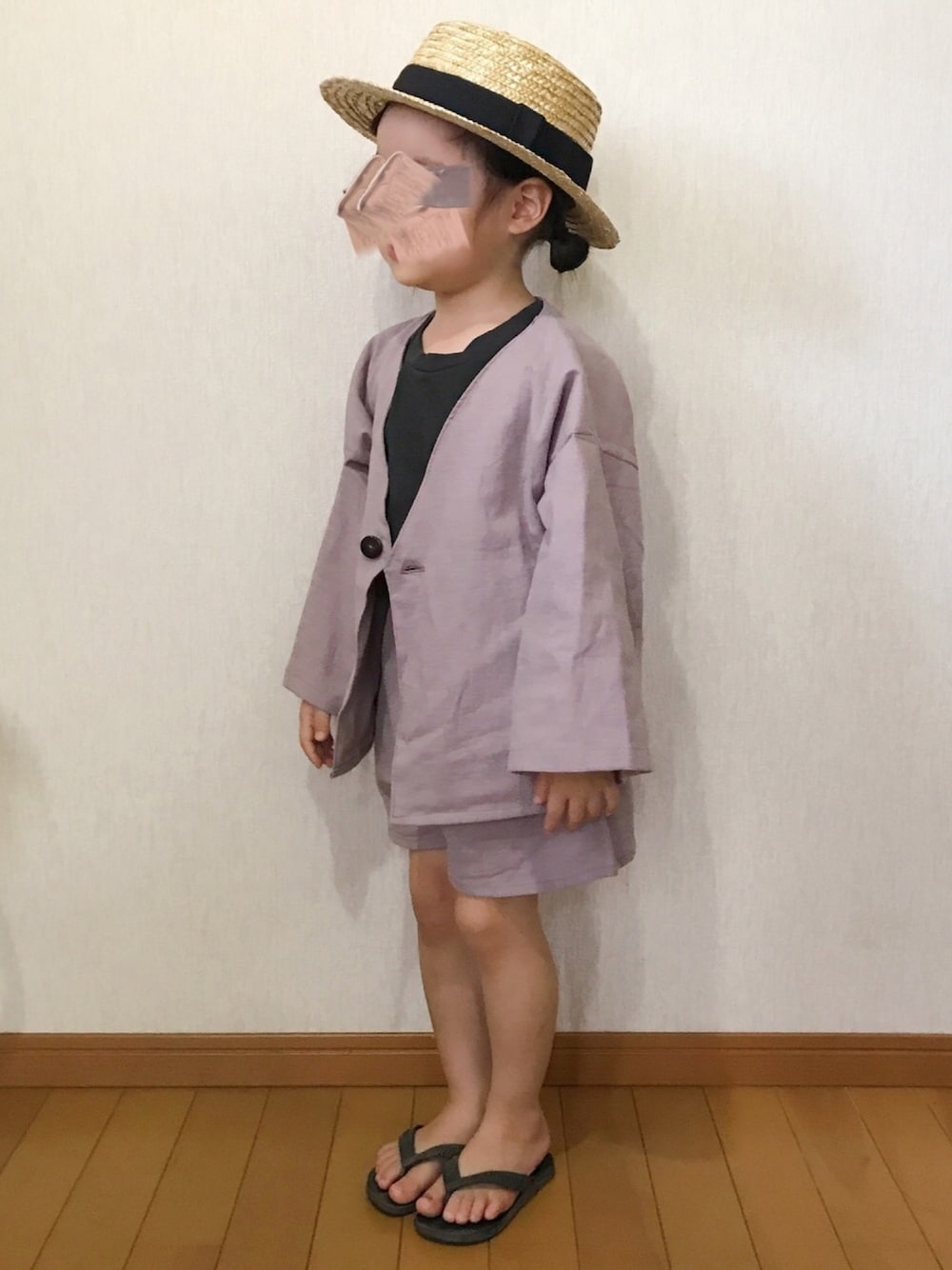 「カンカン帽、西松屋、プチプラ、ハンドメイド、hokkoriko、セットアップ、くすみカラー、サンダル、ショートパンツ、ハーフパンツ」｜「hokkorikoのアイテム（その他、ピンク系）」を使った、RuRu..☺︎さん（キッズ・100cm）の夏コーディネートの1枚目の写真