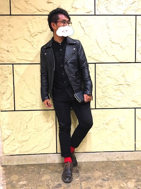 「ノーカラーシャツ」｜「アイテム（ライダースジャケット）」を使った、とーやさん（メンズ・162cm）の春コーディネート