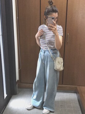 「UNIQLO（ユニクロ）のリブボーダークルーネックT（半袖）（Tシャツ/カットソー、ホワイト系）」を使った、ykさん（レディース）の夏コーディネート