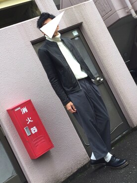 「HARE（ハレ）のアイテム（ライダースジャケット）」を使った、にっしーさん（メンズ・180cm）の冬コーディネート