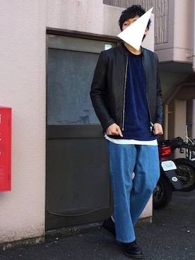 「HARE（ハレ）のアイテム（ライダースジャケット）」を使った、にっしーさん（メンズ・180cm）の冬コーディネート
