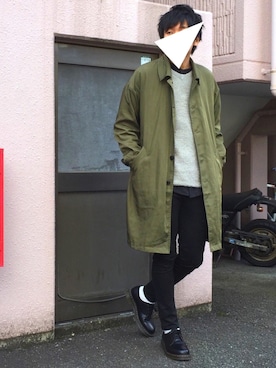「JUNRED（ジュンレッド）のアイテム（ステンカラーコート）」を使った、にっしーさん（メンズ・180cm）の冬コーディネート