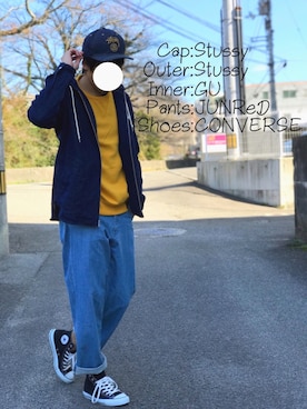 「STUSSY（ステューシー）のアイテム（デニムジャケット）」を使った、にっしーさん（メンズ・180cm）の冬コーディネート