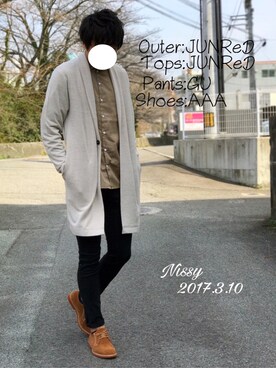 「JUNRED（ジュンレッド）のアイテム（カーディガン/ボレロ）」を使った、にっしーさん（メンズ・180cm）の春コーディネート