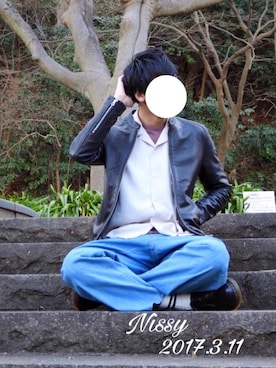 「HARE（ハレ）のアイテム（ライダースジャケット）」を使った、にっしーさん（メンズ・180cm）の春コーディネート