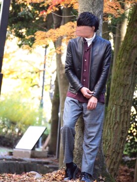 「HARE（ハレ）のアイテム（ライダースジャケット）」を使った、にっしーさん（メンズ・180cm）の冬コーディネート