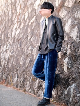 「LIDNM（リドム）のアイテム（ライダースジャケット）」を使った、にっしーさん（メンズ・180cm）の冬コーディネート