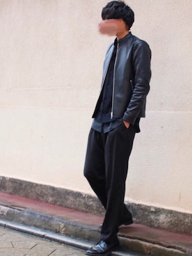 「LIDNM（リドム）のアイテム（ライダースジャケット）」を使った、にっしーさん（メンズ・180cm）の春コーディネート