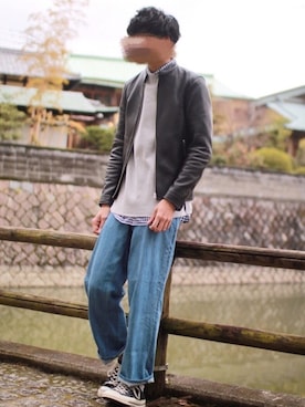 「LIDNM（リドム）のアイテム（ライダースジャケット）」を使った、にっしーさん（メンズ・180cm）の春コーディネート