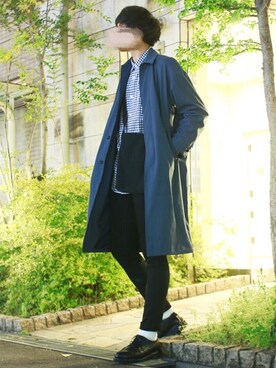 「YARD PLUS（ヤードプリュス）のアイテム（ステンカラーコート）」を使った、にっしーさん（メンズ・180cm）の春コーディネート