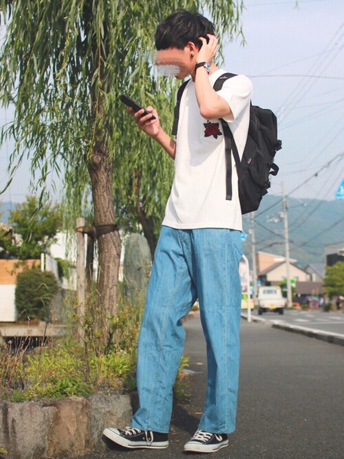 にっしー is wearing MR.OLIVE "12/1 EMERALD HEAVY WEIGHT PLAINSTITCH / ROSE EMBROIDERY T-SHIRT"