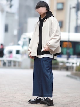 「JUNRED（ジュンレッド）のアイテム（パーカー）」を使った、にっしーさん（メンズ・180cm）の春コーディネート