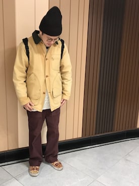 「アイテム（ニットキャップ/ビーニー、ブラウン系）」を使った、Mdskさん（メンズ・173cm）の冬コーディネート
