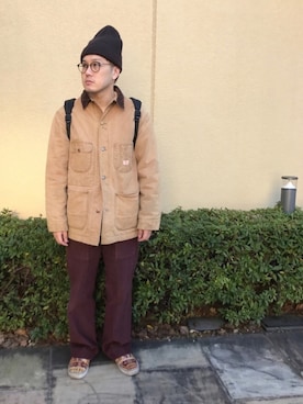 「アイテム（ニットキャップ/ビーニー、ブラウン系）」を使った、Mdskさん（メンズ・173cm）の冬コーディネート