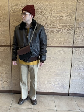 「ストライプパンツ」｜「アイテム（ミリタリージャケット）」を使った、Mdskさん（メンズ・173cm）の冬コーディネート