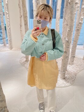 「アイテム（デニムジャケット、グリーン系）」を使った、miiさん（レディース・158cm）の春コーディネート