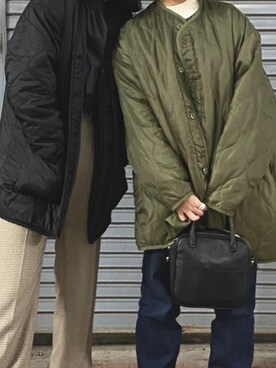 「FREAK'S STORE（フリークスストア）の【WEB限定】M65ライナーキルトコート(キルティングジャケット･ノーカラーコート)（ノーカラージャケット、グリーン系）」を使った、musubu366さん（レディース・155cm）の冬コーディネート