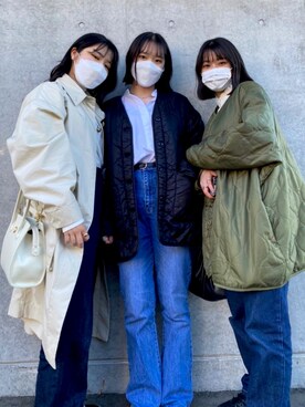 「FREAK'S STORE（フリークスストア）の【WEB限定】M65ライナーキルトコート（ノーカラーコート）（ノーカラージャケット、ブラック系）」を使った、musubu366さん（レディース・155cm）の春コーディネート