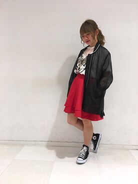 「赤コーデ」｜「アイテム（その他アウター）」を使った、kaorinさん（レディース・153cm）の春コーディネート