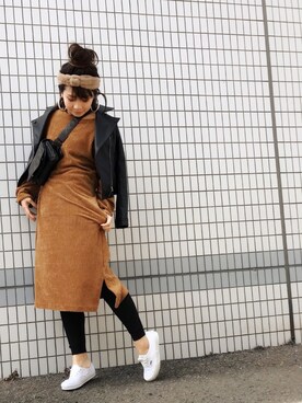 「ニコアンド」｜「アイテム（ライダースジャケット）」を使った、Manami さん（レディース・163cm）の冬コーディネート