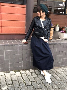 「ヘアバンド」｜「アイテム（ライダースジャケット）」を使った、Manami さん（レディース・163cm）の冬コーディネート