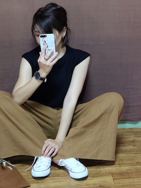 「ワッフルスリーブレスt」｜Manami さん（レディース・163cm）の夏コーディネート