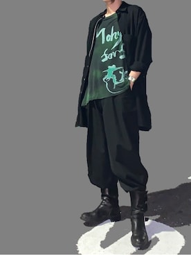 「Yohji Yamamoto（ヨウジヤマモト）のアイテム（ブーツ）」を使った、蟲さん（メンズ・172cm）の夏コーディネート