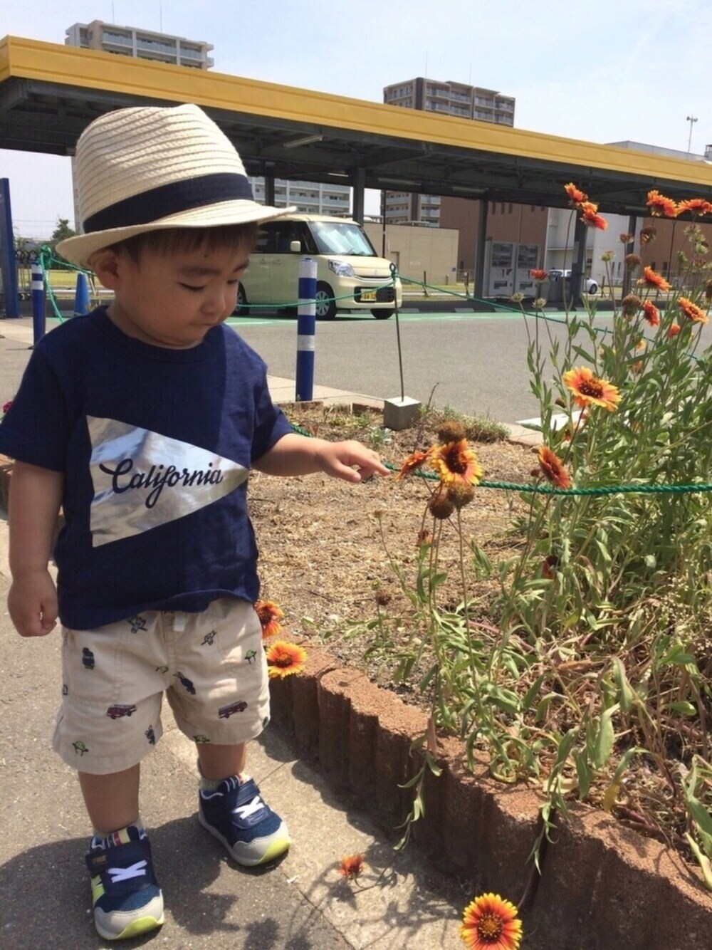 「夏、Tシャツ、kids、男の子コーデ、babygap、おとこのこ、むぎわら帽子、1歳半、IKEA、ドラフトギャップ」｜「petit mainのフラッグ箔プリント半袖Tシャツ（Tシャツ/カットソー、ブルー系）」を使った、puuuumaさん（キッズ・80cm）の夏コーディネートの1枚目の写真