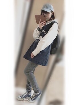 「CONVERSE（コンバース）のアイテム（オールインワン・サロペット）」を使った、愛海さん（レディース・153cm）の春コーディネート