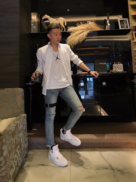「AIR JORDAN（エアジョーダン）のアイテム（シューズ、ホワイト系）」を使った、LilYangさん（メンズ・179cm）の夏コーディネート